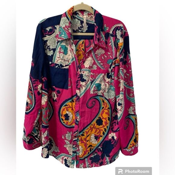 NY Collection Pink Paisley Button Up Top Size XL Front Pockets - Picture 6 of 6